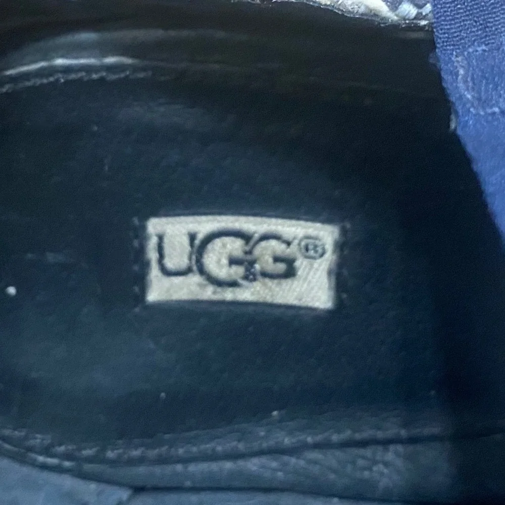 UGG Black Leather Ankle Tie Wedge Sandals Blue Striped Platform Heels Womens 7
